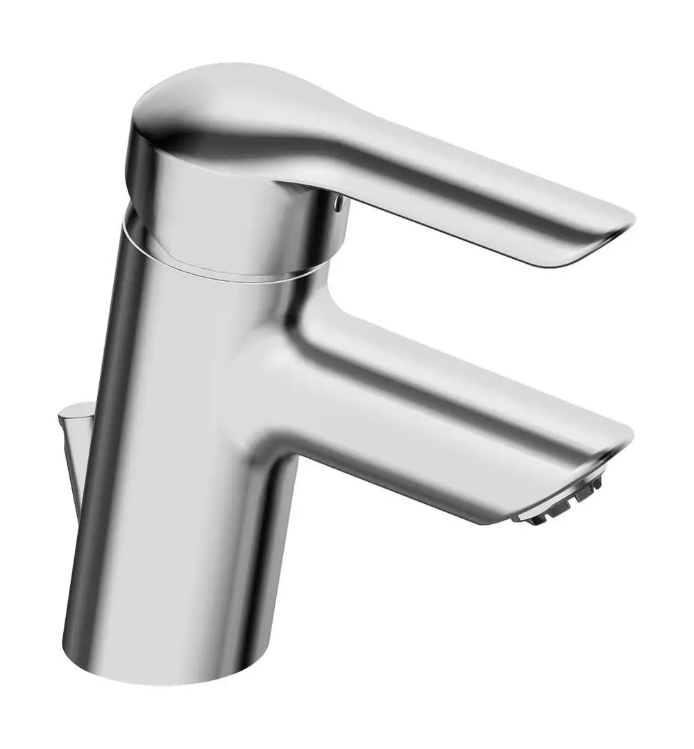 Einhebelmischer aus Chrom mit integrierter Zugstangenablaufgarnitur, geeignet für Niederdruck. HANSAVANTIS Design, Ausladung erkennbar.